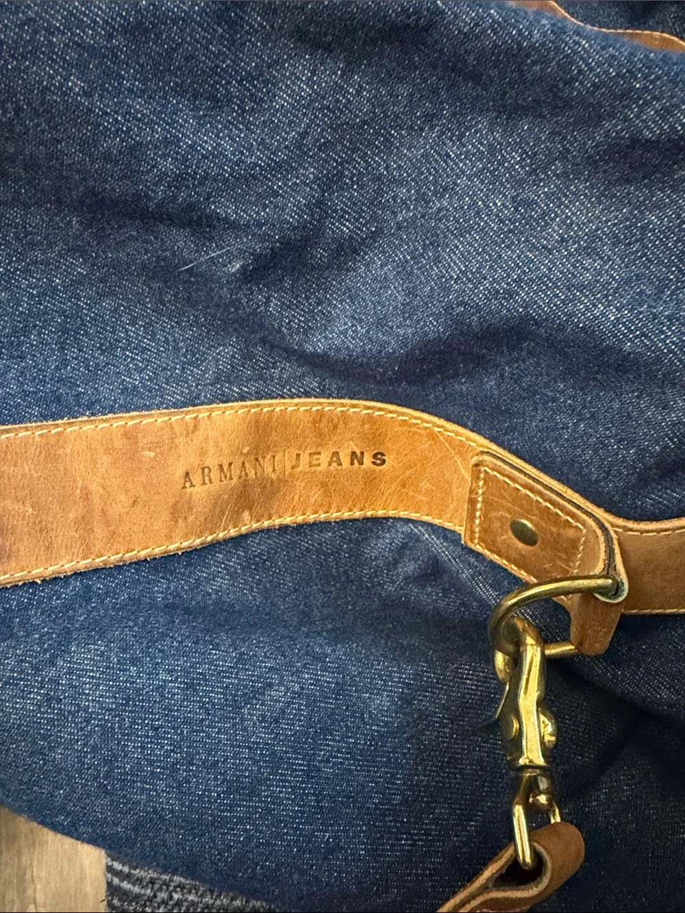 Armani Jeans Blue Denim Duffel with Brown Leather Trim